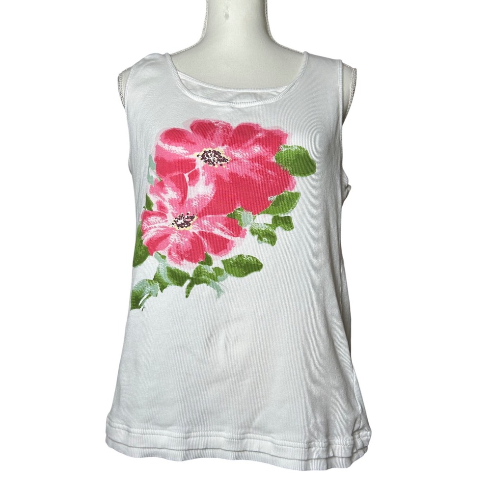 Y2K Womens XL White Ribbed Cotton Floral Graphic Tank Top Summer Boho‎ Preppy